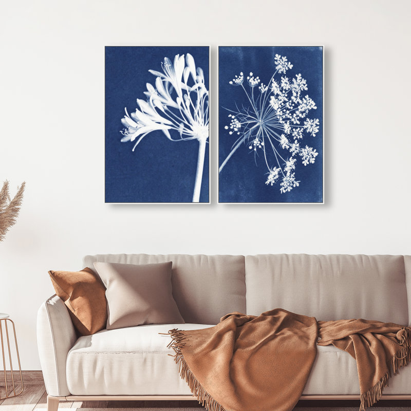 Cyan Flowers Set Set by Oliver Gal, 31"H x 46"W, White Floater Frame