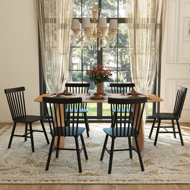 Modern Dining Table Set, Black, 7 Pieces: Table, 6 Chairs, Natural