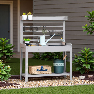 Garden Potting Bench Table with Metal Sieve Screen Removable Sink Hooks Baskets