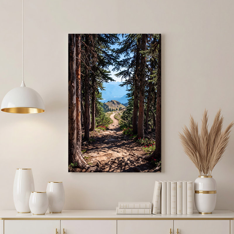 «Winding Forest Path Through Pine Trees To Mountain View», art mural sur toile, 30"H x 20"W