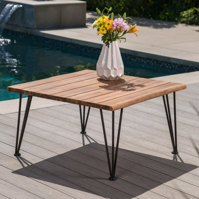 Zoe Outdoor Coffee Table, Hairpin Legs, 33In Brown Slatted Acacia Wood