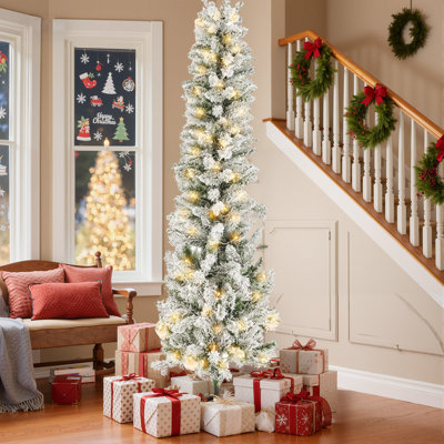 Snow Flocked Pencil Christmas Tree, Prelighted Artificial Slim Christmas Trees With Incandescent Lights For Home, Office, Party Decoration