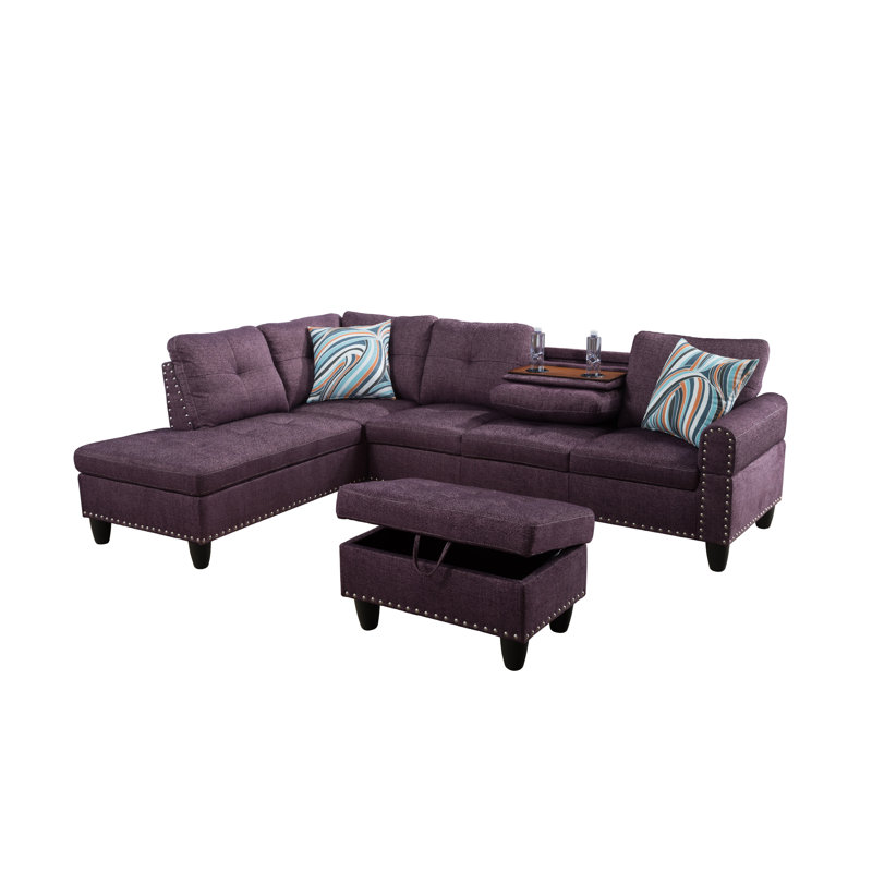 Upholstered L-Shaped Sectional Right Hand Facing, Amaranth Linen Blend