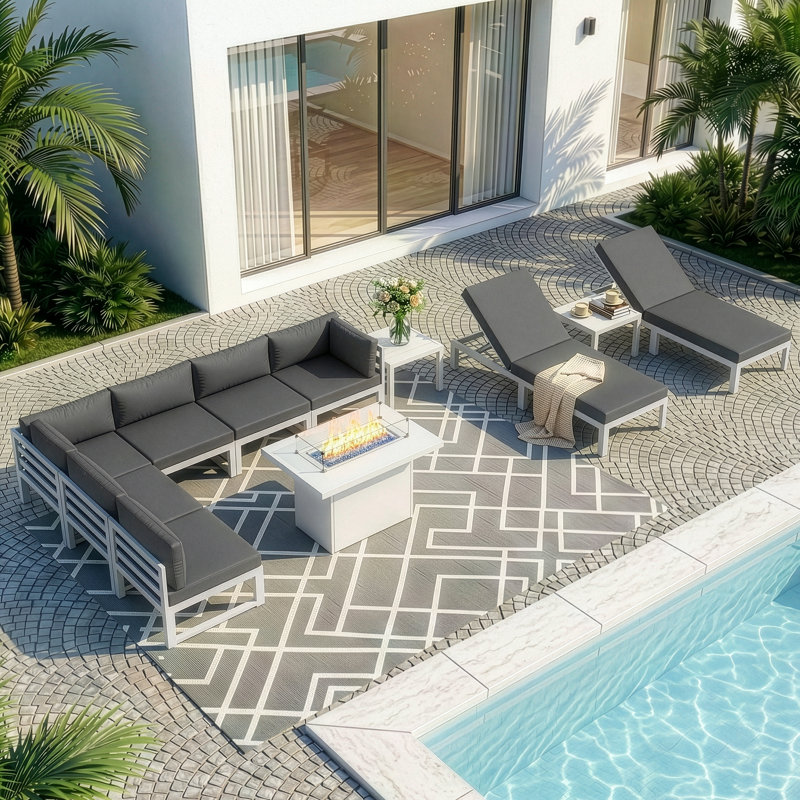 11 Pieces Modern Aluminum Patio Furniture Set With Fire Table, Outdoor Modular Sectional Conversation Set With Patio Chaise Lounges