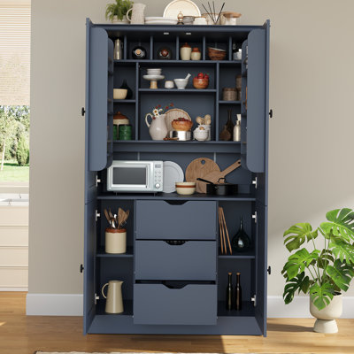 42.3x20.0x70.9 inch Freestanding Kitchen Pantry Cabinet, Tall Storage Workstation with 4 Doors, 3 Drawers, 6 Door Shelves,  Removable Shelves and 6 Wine Racks for Dining Room, Blue