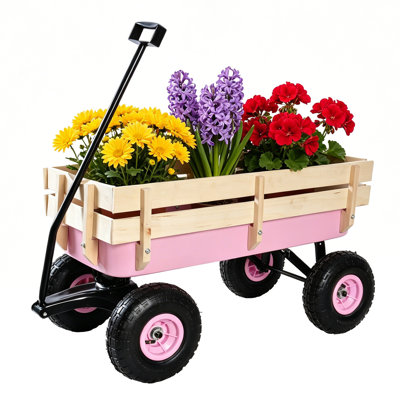Chariot de jardin tout terrain en acier d'une capacité de 176 lb avec rampe en bois et pneus gonflables de 10 pouces