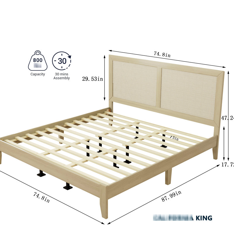 Très grand lit, cadre de lit en bois naturel, ornements tissés, pieds en caoutchouc, système de lattes silencieuses, idéal pour les chambres à coucher modernes, conception d'inspiration Mid-Century solide, ton, lattes, support lourd, convient