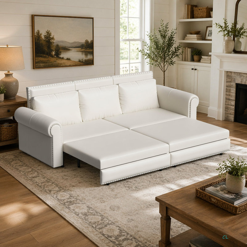 Canapé Chesterfield, canapé-lit gigogne de 93,7 po, canapé-lit convertible 3 en 1 en similicuir avec garniture cloutée et accoudoirs roulés, canapé-lit multifonctionnel pour le salon, la chambre à coucher