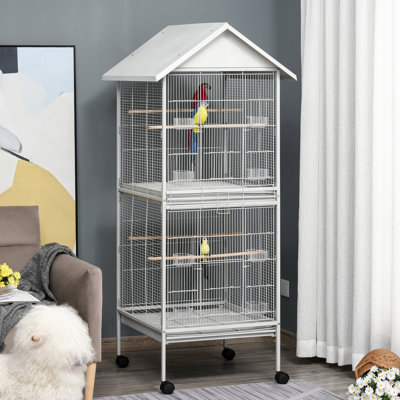 Wrought Metal Bird Cage Feeder With Rolling Stand Perches Food Containers Doors Wheels 67" H, White