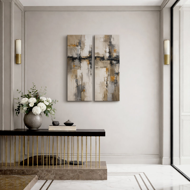 Ensemble de 2 impressions encadrées sur toile, motif géométrique abstrait beige et gris neutre, 81 x 30 x 5 cm (32 x 12 x 2 pouces).