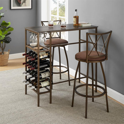 Ensemble de table de bar pour 3 personnes, table de bar et chaises, table haute avec support à vin, tablette, porte-verres, chaises de salle à manger avec dossier incurvé ergonomique pour la salle à manger de cuisine