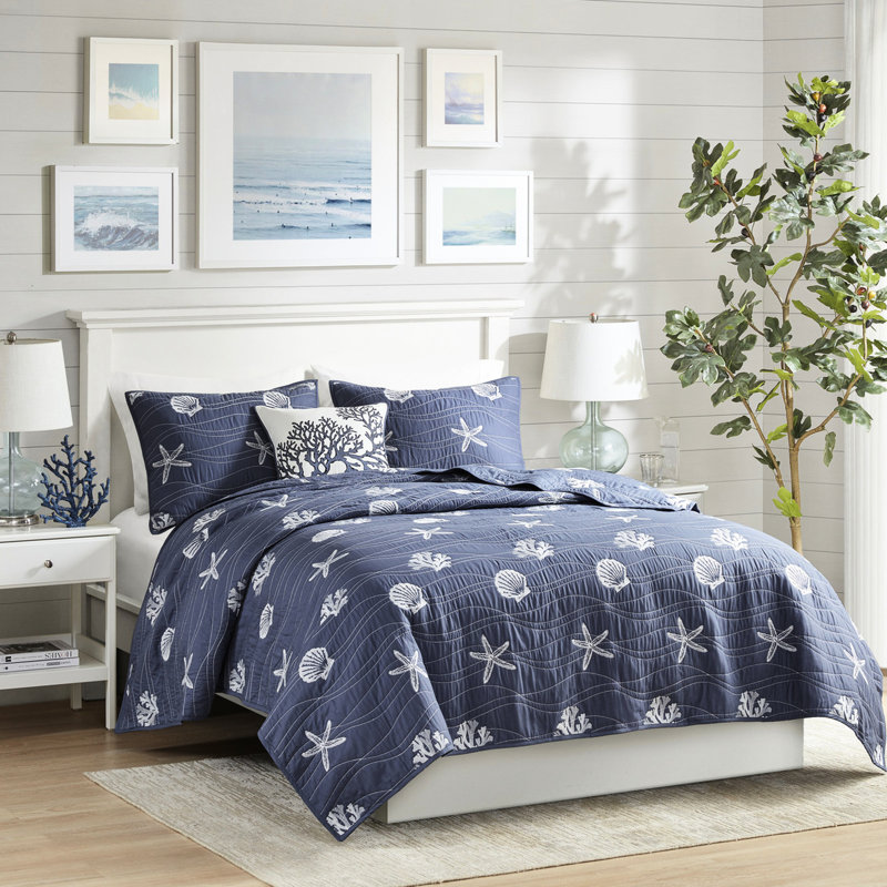 Literie réversible 4 pièces bleu marine - coton avec corail brodé, courtepointe rembourrée double / grand, rembourrage, facile à nettoyer