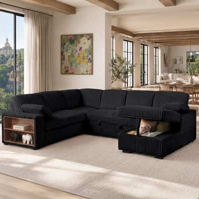 Aurora Sleeper Sectional Sofa with Pull-Out Bed, Storage Armrest, Right-Facing Storage Chaise