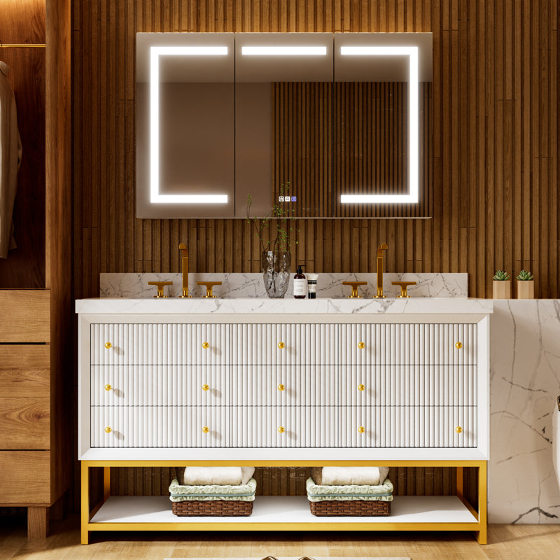 48 po X P 22 po P 35,4 po Meuble-lavabo simple H en blanc avec plateau en marbre blanc, Blanc, 48"