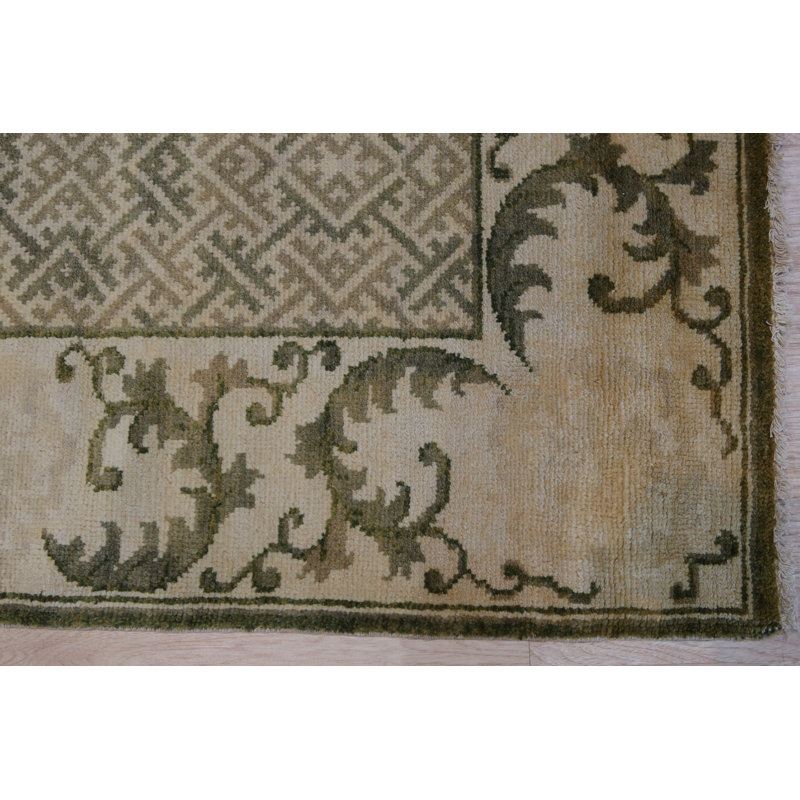 Green Hand-Knotted Wool Scrolled Leaf Border Geometric Modern Contemporary Carpet Rug, 6' x 9'