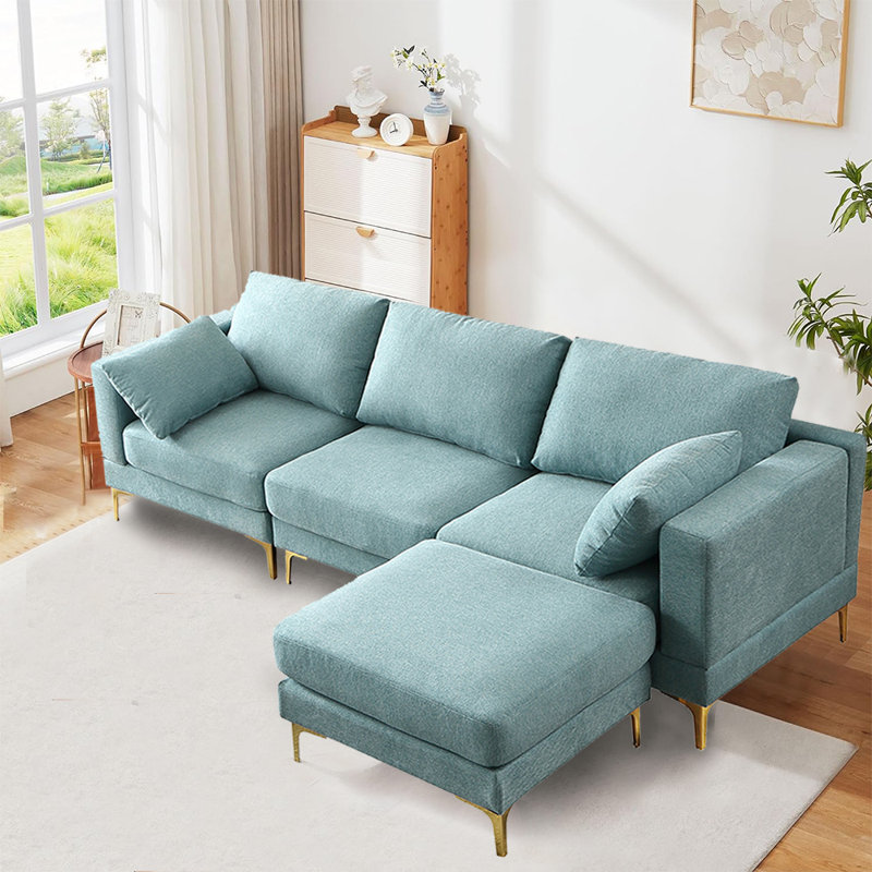 Raylean 93" L-Shaped Modular Combination Sectional Sofa with Ottoman, Turquoise Polyester