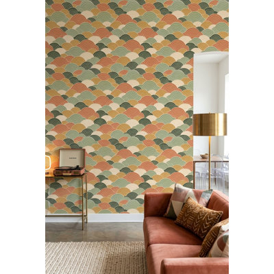 Geometric Arcs Wallpaper Sage Green Terracotta Mustard