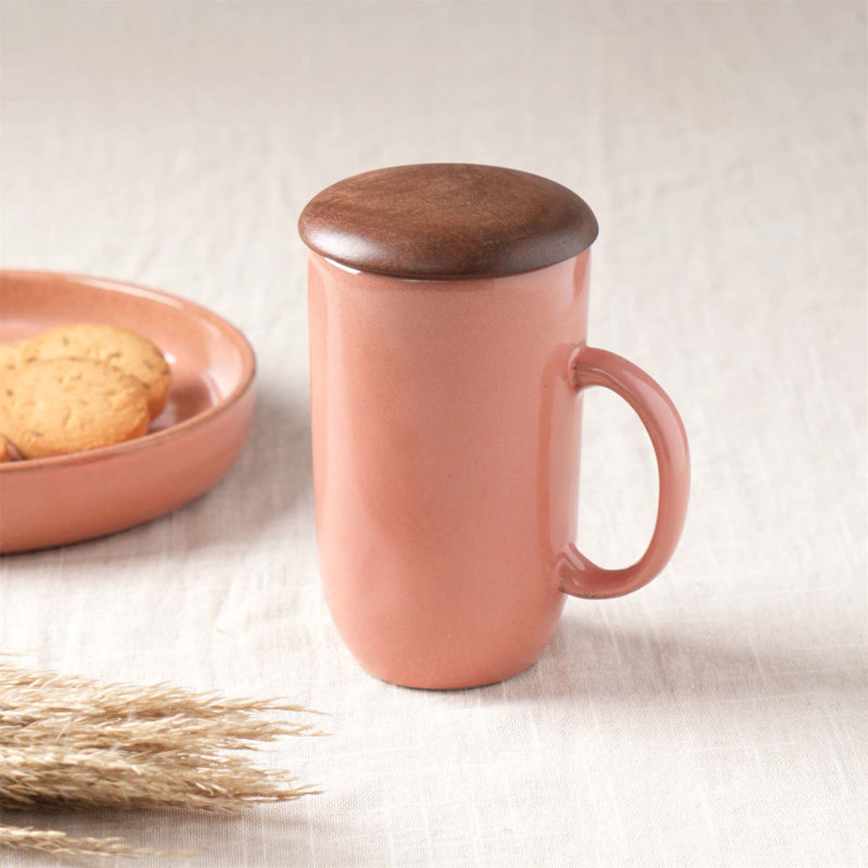 Grande tasse à café 13,5 oz en céramique avec couvercle en bois - Élégant et fonctionnel