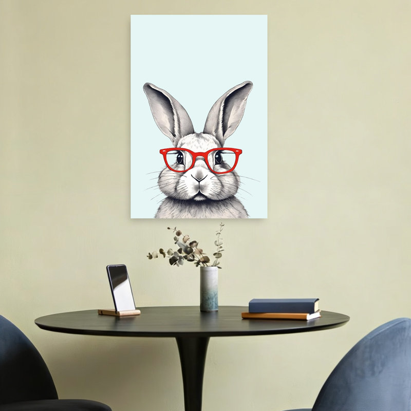 «Smart Bunny», lunettes rouges, fantaisiste, portrait de lapin contemporain, forêt, impression murale, 24" H x 16" W