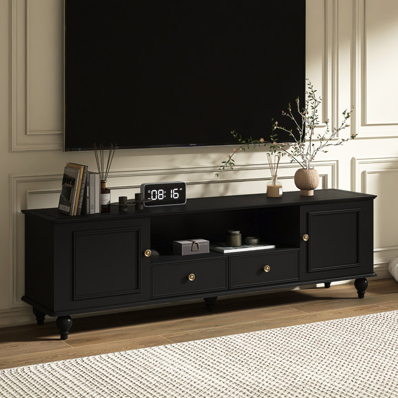 Meuble télé 70,9 po avec pieds en bois massif pour téléviseur de 80 po ou moins, Noir