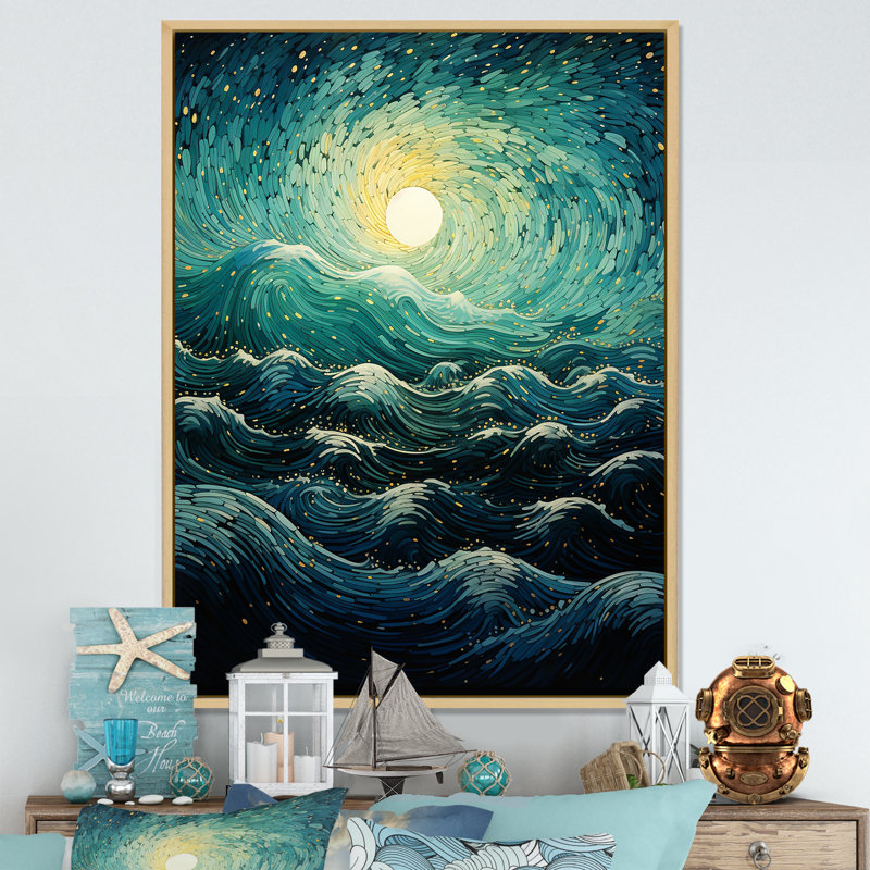 Jahaud Teal Yellow Ocean Rhapsody I, reproduction d'art sur toile, Cadre naturel flottant, H 40 po x l 30 po x P 1,5 po