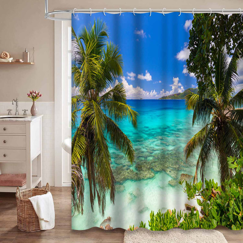 Incroyable plage tropicale, palmiers, île de granit, Afrique, avec 12 crochets, L 72 po x l 84 po
