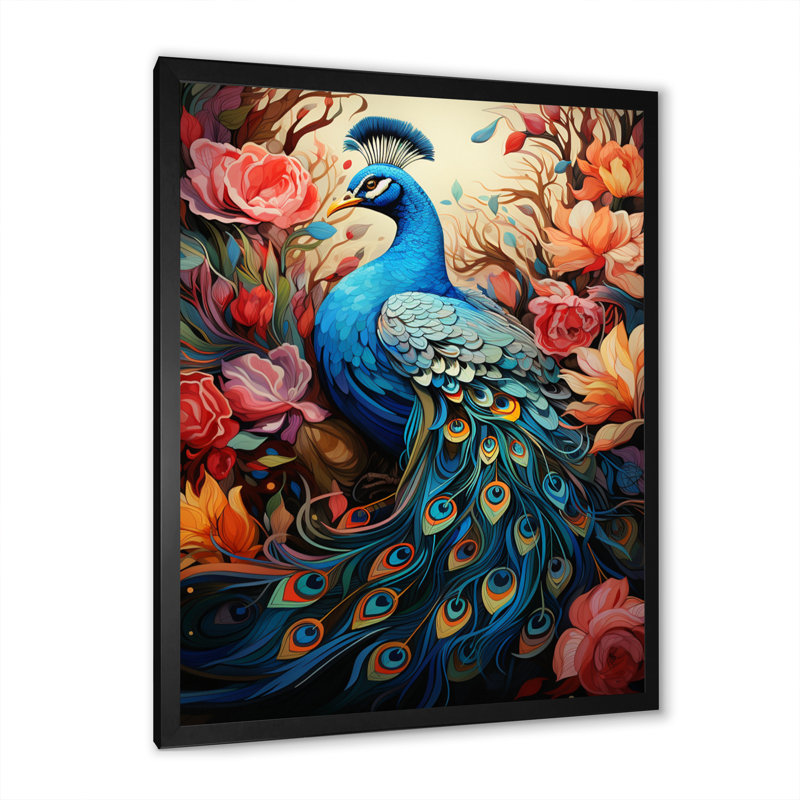 Peacock Gouache I - animaux, art mural sur toile, H 20 po x l 12 po x P 1 po, Cadre photo noir
