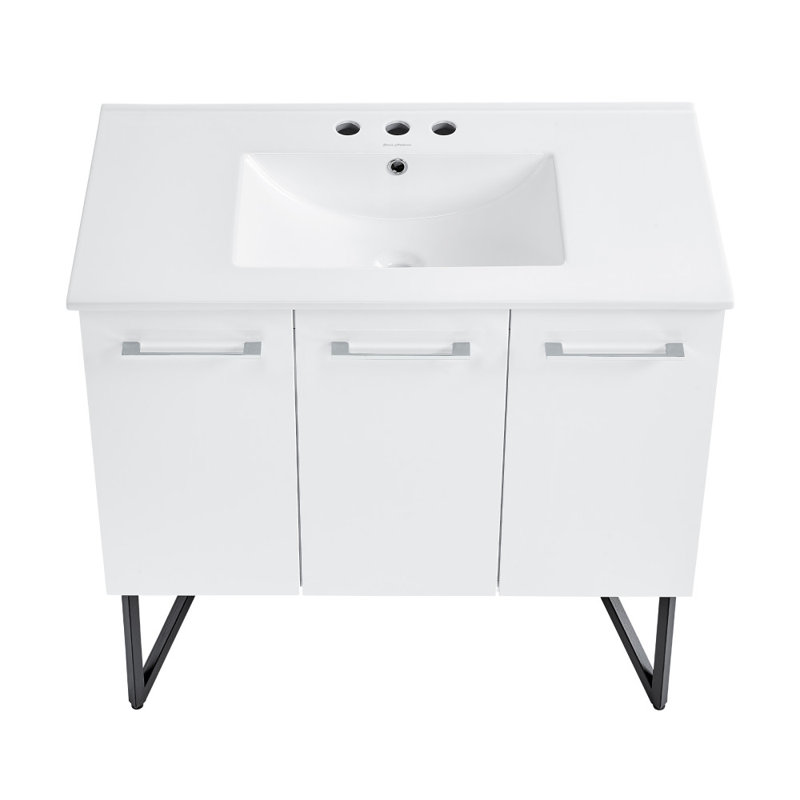 36 po Meuble-lavabo blanc avec comptoir en céramique à 3 trous, Blanc
