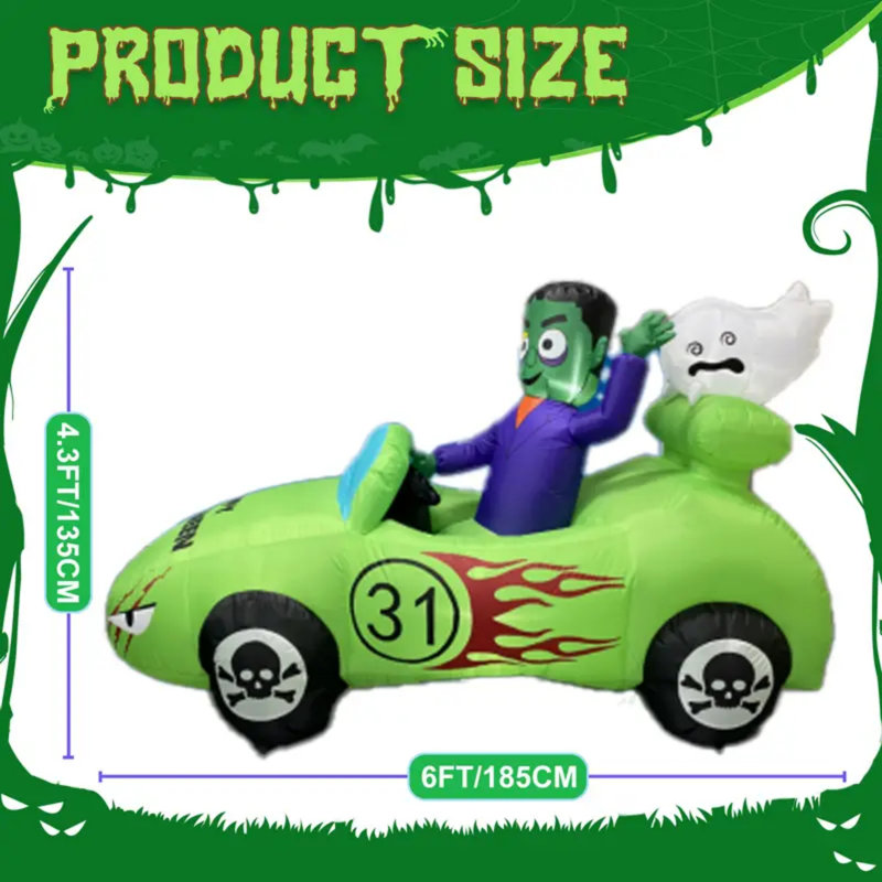 Voiture gonflable 8 pi Halloween, lumière DEL intégrée pour voiture de décorations d'Halloween