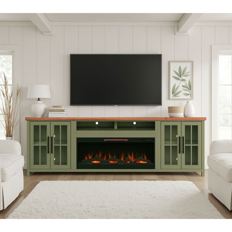 Brixham 97" Farmhouse Fireplace TV Stand for TVs up to 100", 42" Electric Fireplace, Wood & Glass Media Console,