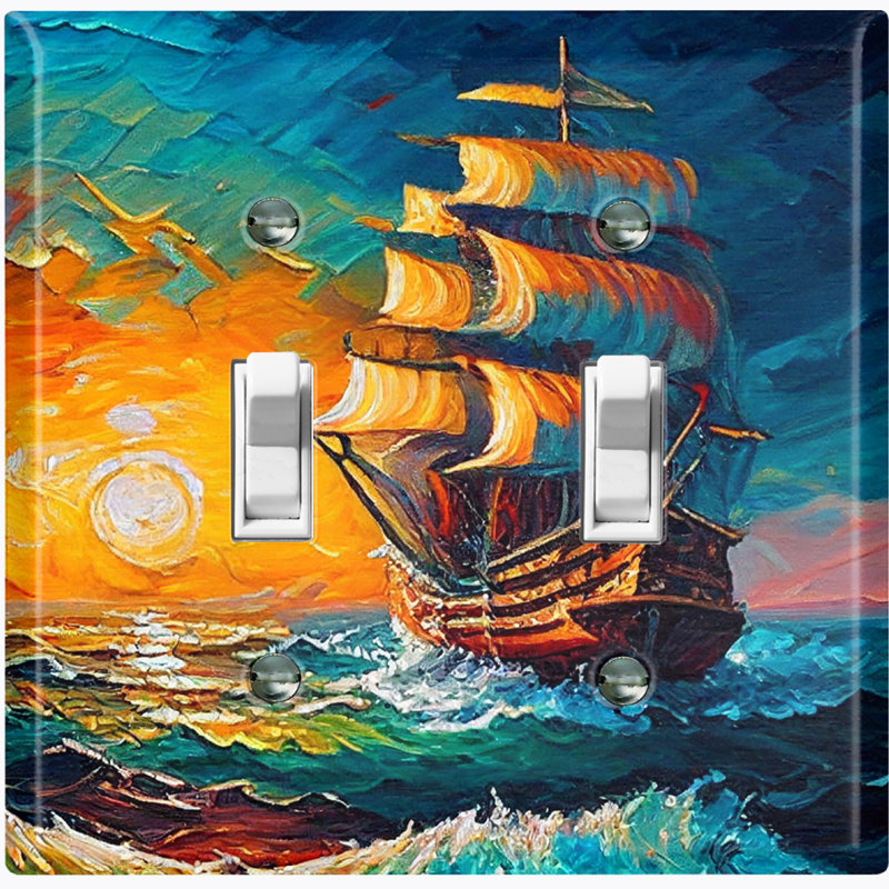 Metal Light Switch Plate Outlet Cover (Rustic Sea Ship Boat Sunrise Ocean Art - Double Toggle)