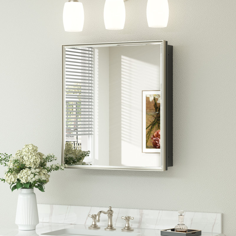 Recessed & Surface Framed Medicine Cabinet with Mirror and Shelves, 26"H x 24"W x 5"D, Brushed Nickel