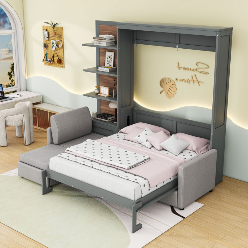 Grand lit escamotable en bois avec canapé et tablettes, Gris
