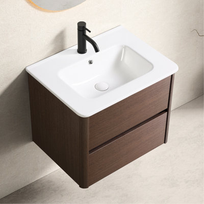 24" Bathroom Vanity With Sink And Drawer, American Design, Dark Brown Plywood, Stain - Cultured Marble, Porcelain Wall Mounted Pull Out Style, Ceramic Vessel Sink, Simple Maintenance