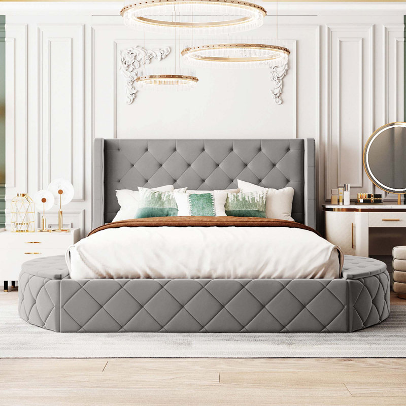 Lit en velours avec tiroir et tabouret de rangement latéral, gris