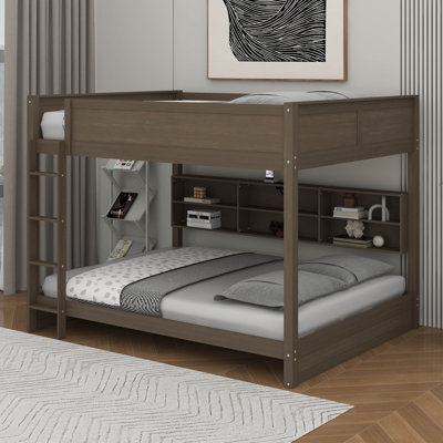 Queen Over Queen Bunk Bed With Cabinets And USB