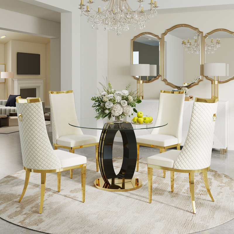 Table de salle à manger ronde en verre trempé, table de salle à manger de luxe avec dossier haut pour la salle à manger, Noir