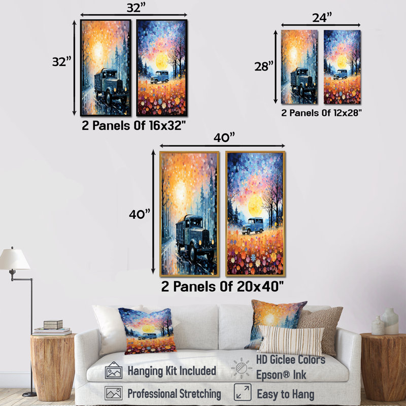 «Dreamy postal camion voyage», ensemble d'art mural sur toile camion, Cadre flottant brun, H 32 po x l 33 po