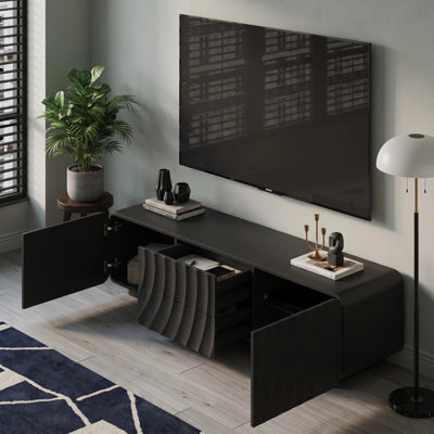 Meuble télé 58 po en bois avec rangement, console de télévision avec 2 tiroirs et portes d'armoire, centre de divertissement avec motif sculptural Wave