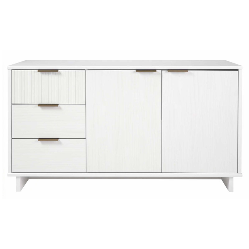 Buffet en bois massif moderne de 55 po avec 3 tiroirs et 3 tablettes Granville, Blanc