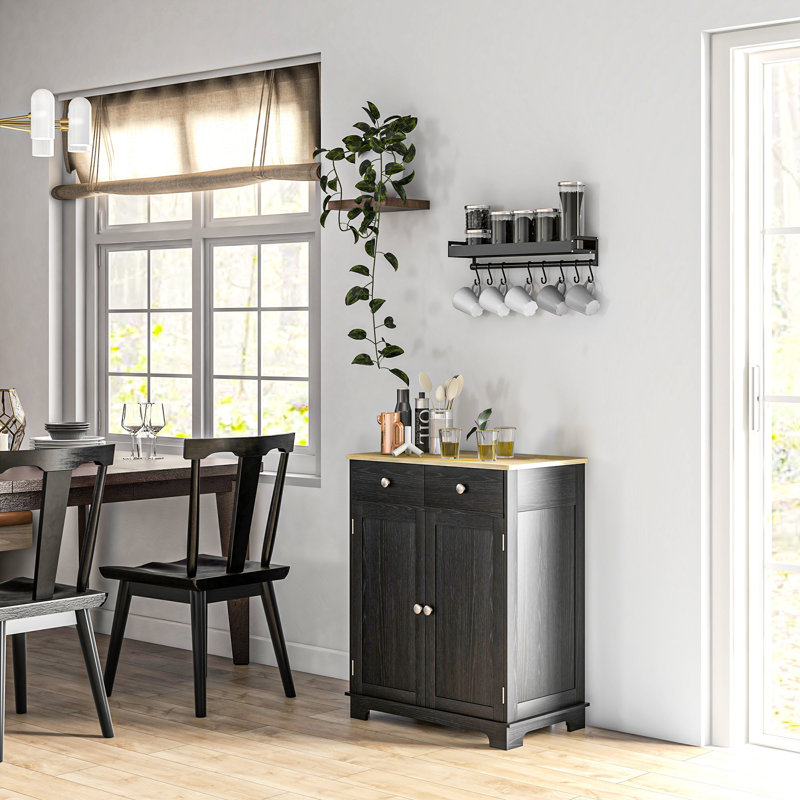 Buffet avec comptoir en bois massif et rangement - noir vieilli, 2 tiroirs, portes, tablette réglable pour la cuisine