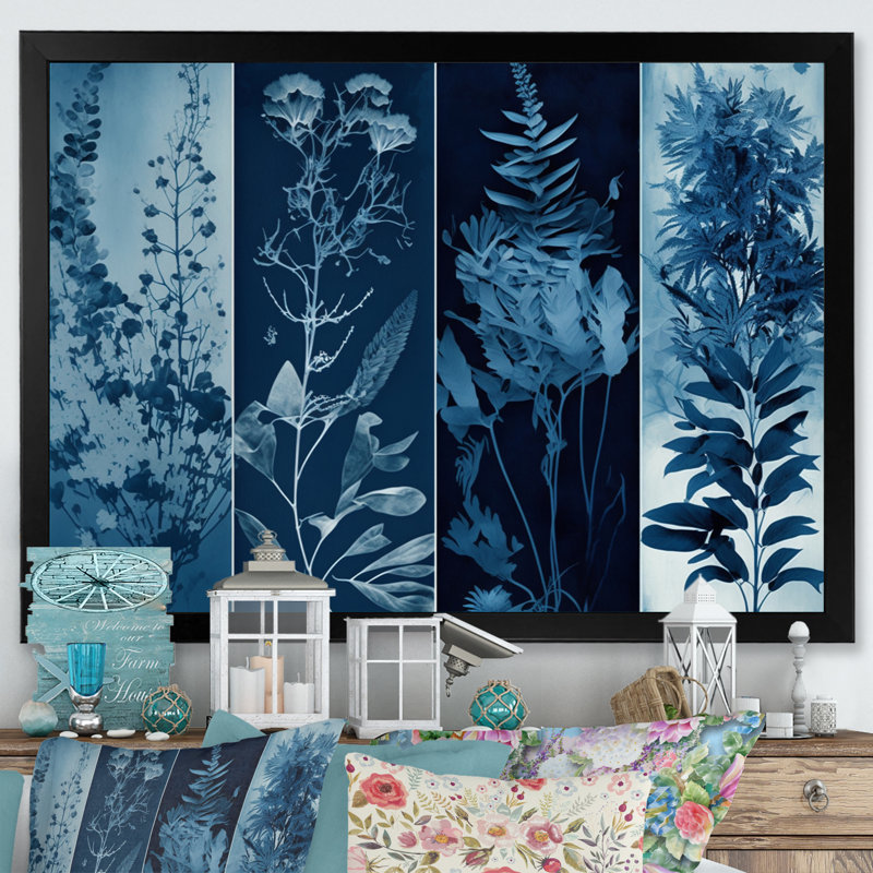 Fleurs sauvages rétro dans les tons de bleu IV - reproduction sur toile, Cadre photo noir, L 20 po x H 12 po