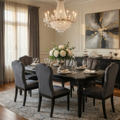 Hixe 7Pc Dining Set, Scallop Table And 6 Chairs, Silver Solid Wood