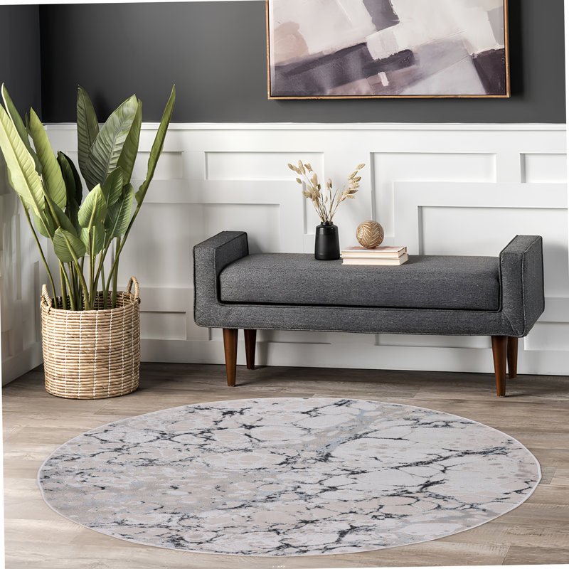 Ilios Collection Textured Abstract Blue and Grey Rug, Round 5'3"