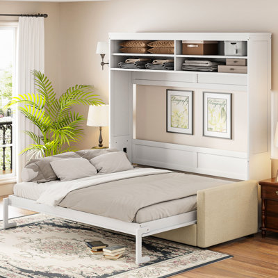 Grand lit mural blanc avec - Se combine parfaitement et, peu encombrant, facile à utiliser dans de petits espaces de vie, multifonctionnel, matériaux, rangement pratique