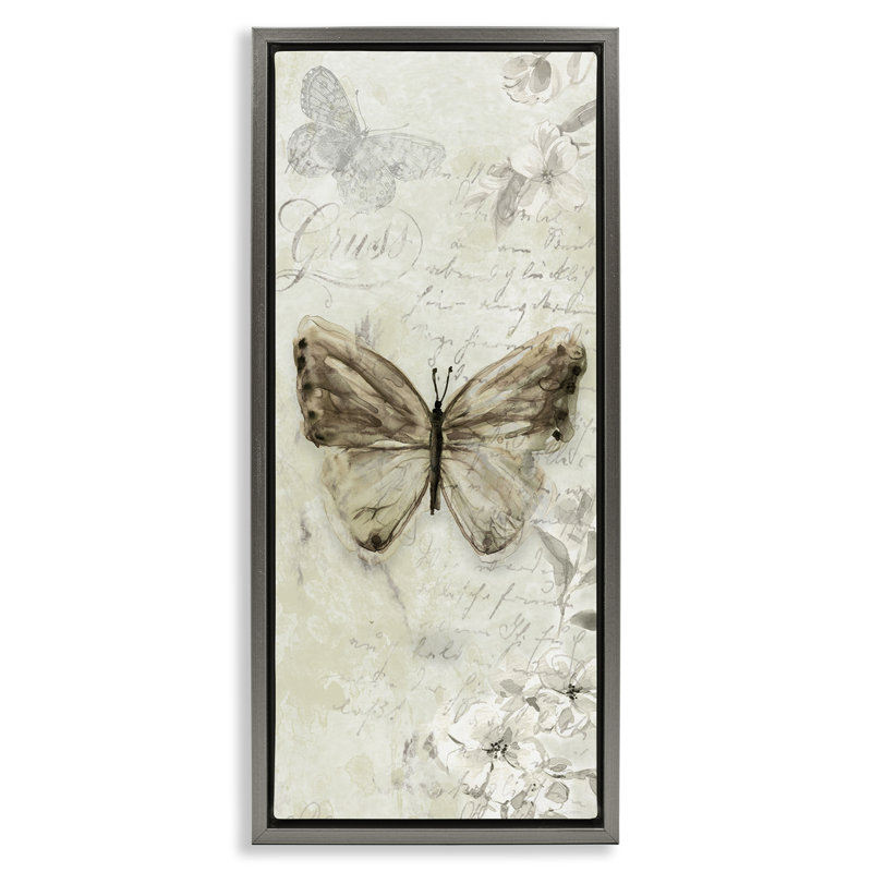 Art mural rétro sur toile à motif de papillons par Carol Robinson, Cadre flottant noir de jais, H 31 po x l 15 po