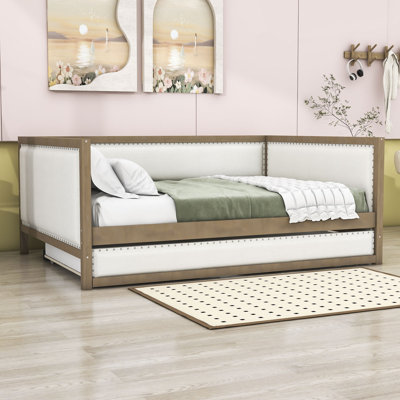 Full Wood Upholstered Daybed with Twin Trundle and Nailhead Decoration