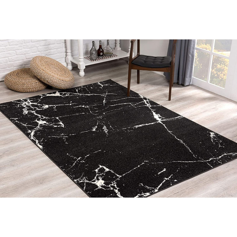 Tapis noir à motif abstrait Pjeter, Rectangle 7 pi x 9 pi