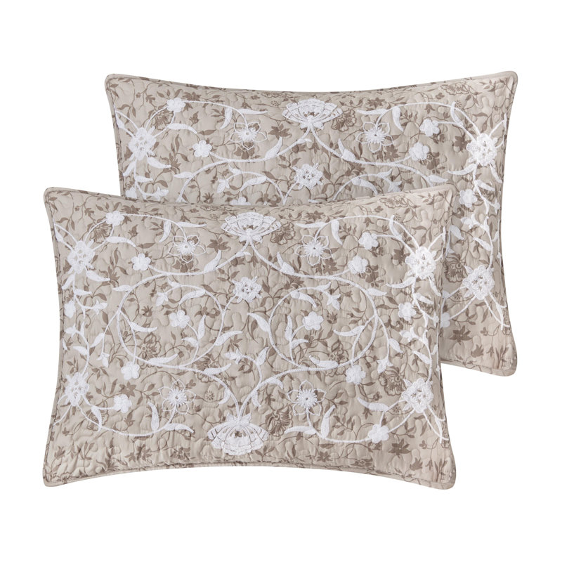 White and Tan Floral Vine Reversible Microfiber Twin Quilt Set