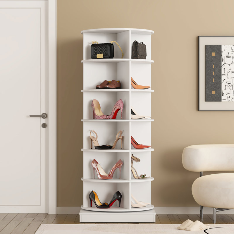 360° Rotating Shoe Cabinet With 6 Layers, Space Saving For 24 Shoes, Whole Family Use, Easy To Assemble, White & Stylish Look 360 Shelf Storage, Saving, Fits Pairs, White, Particle Board + , Assemble